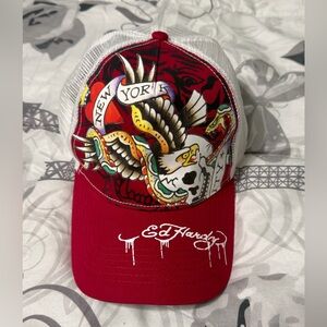 Ed Hardy Red and White Graphic Cap